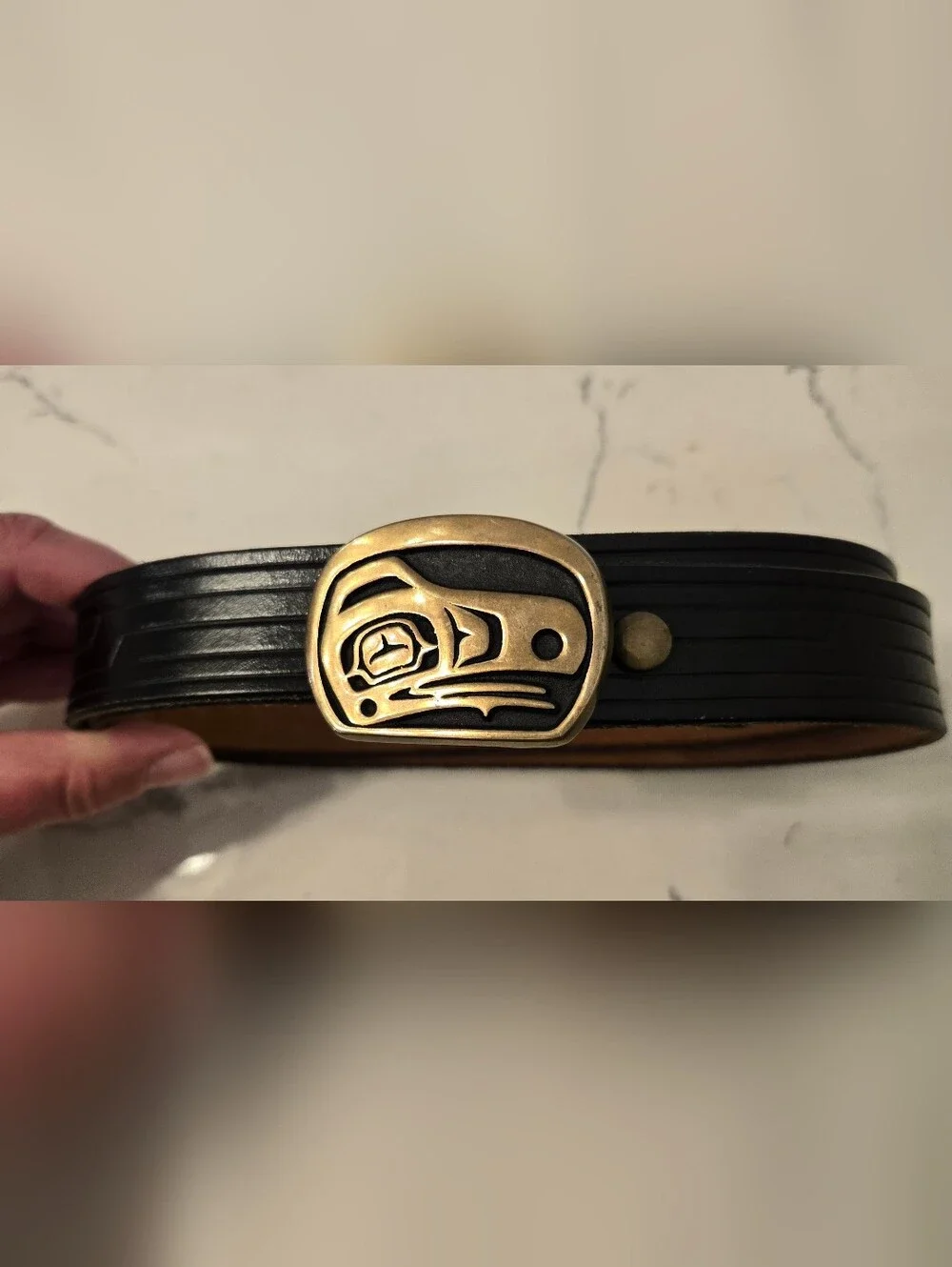 Vintage Rainbow Metals Black Leather Belt With Brass Native American Image